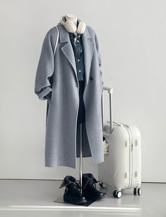 Mist Longline Belted Wool Coat - Gray Blue