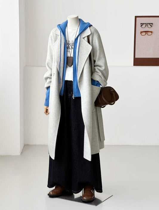 Sage Longline Belted Trench Coat - Light Gray