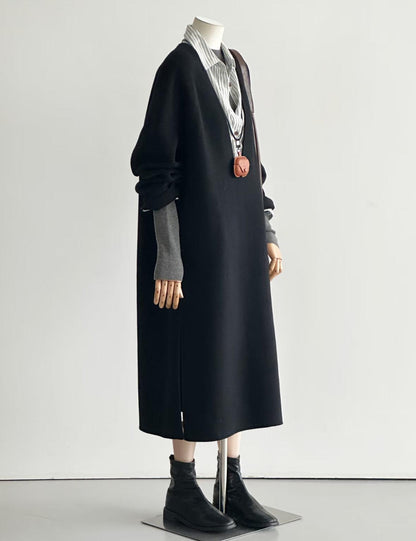 Soul Minimalist V-neck Wool Coat / Dress - Black