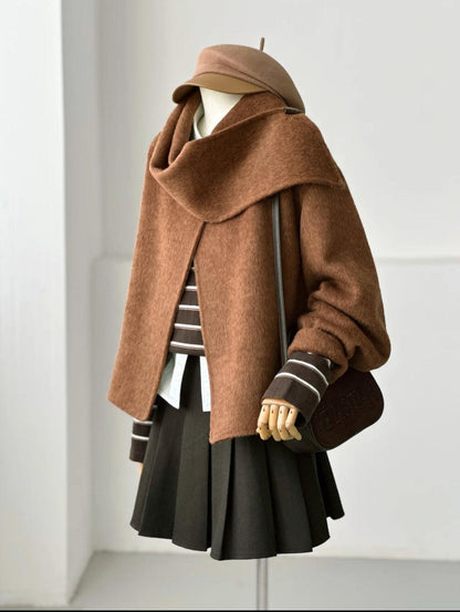 Vela Minimalist Wool Coat with Scarf - Chestnut