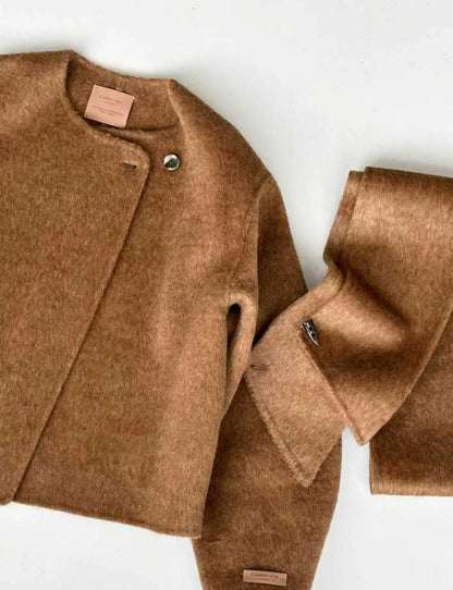 Vela Minimalist Wool Coat with Scarf - Chestnut