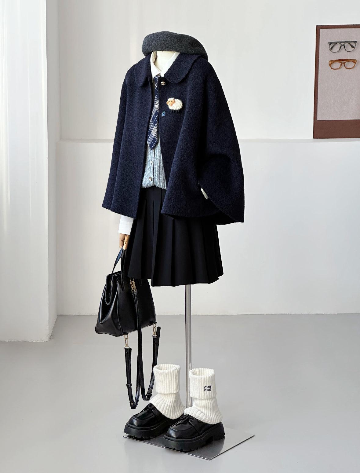 Velora Sleeveless Suri Wool Cape - Navy