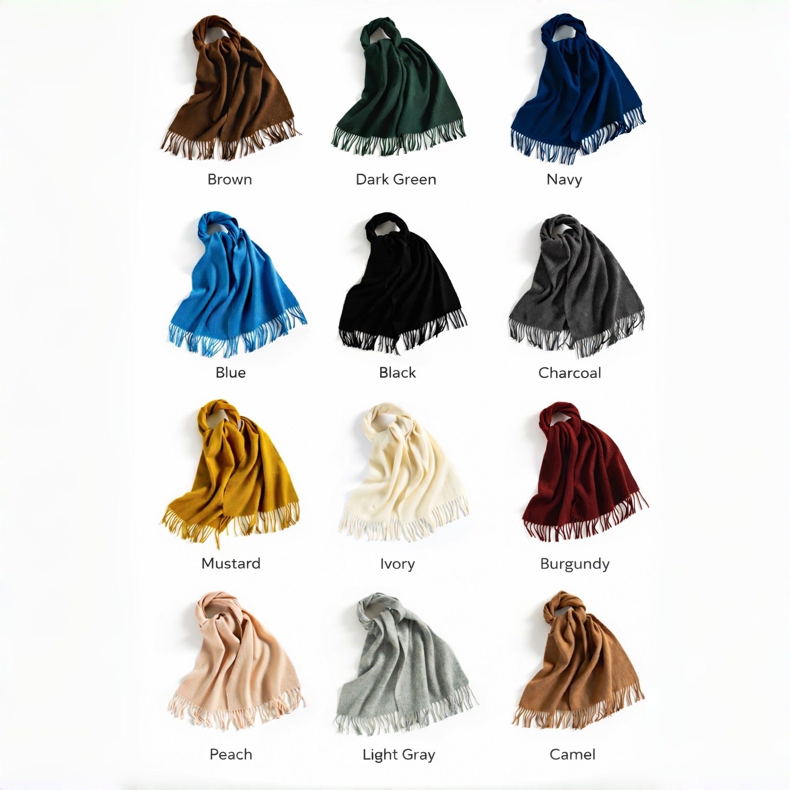 Emma 100% wool solid color scarves in brown, dark green, navy, blue, black, charcoal, mustard, ivory, burgundy, peach, light gray, and camel.