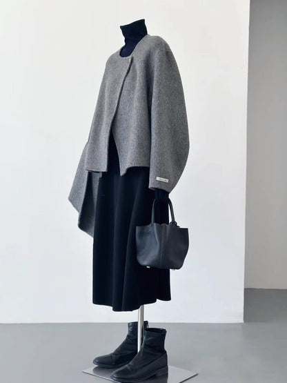 4 Colors - Vela Short Loose Cardigan Wool Coat with Scarf